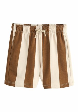 Barna és bézs függőleges csíkos rövidnadrág, rugalmas derékpánttal, húzózsinórral és oldalzsebekkel.