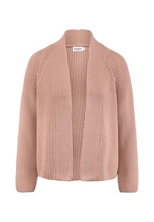 Cardigan lavorato a maglia in morbido rosa, con apertura frontale, dettagli testurizzati e finiture a costine, dotato di maniche lunghe e una vestibilità comoda.