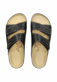 Zwarte sandalen met een textuur in synthetisch materiaal, twee verstelbare straps, lichtbeige binnenvoering en een vormgegeven voetbed.