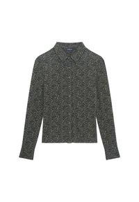 Chemise à manches longues de couleur vert foncé avec un motif de vagues en vert clair. Col à boutons et patte de boutonnage à l'avant avec des boutons. Texture de tissu lisse.