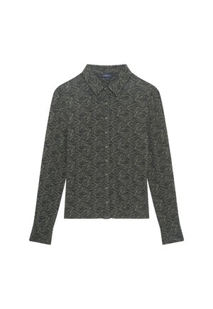 Camicia a maniche lunghe di colore verde scuro con un motivo a onde di verde più chiaro. Colletto button-down e patta anteriore con bottoni. Tessuto dal tocco morbido.