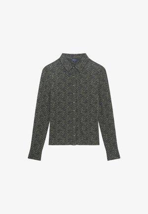 Camicia a maniche lunghe di colore verde scuro con un motivo a onde di verde più chiaro. Colletto button-down e patta anteriore con bottoni. Tessuto dal tocco morbido.