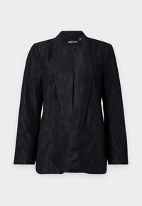 Černý blazer s krajkovou texturou a saténovými klopami. Má dlouhé rukávy a otevřený přední design. Žádná zapínání ani viditelné kapsy.