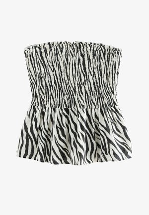 Majica bez naramenica s naboranom tijelom u bijeloj i crnoj zebrinatoj printu, s flared rubom i teksturiranim materijalom.