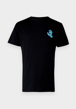Schwarzes Baumwoll-T-Shirt mit einem kleinen blauen Grafikdesign einer Hand mit einem Mund, das sich auf der linken Brustseite befindet, im klassischen Rundhalsdesign.