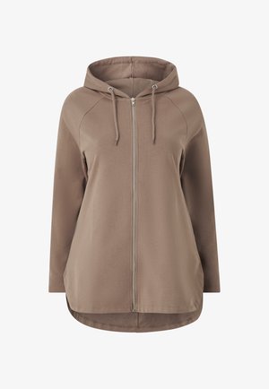 Brown zip-up hoodie with a lined hood, long sleeves, and a curved hem. Made from soft material with a textured finish.