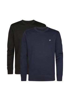 Zwei Sweatshirts in Schwarz und Marineblau, mit Rundhalsausschnitt, langen Ärmeln und aus Baumwollmaterial. Das marineblaue Sweatshirt hat ein kleines Logo auf der Brust.