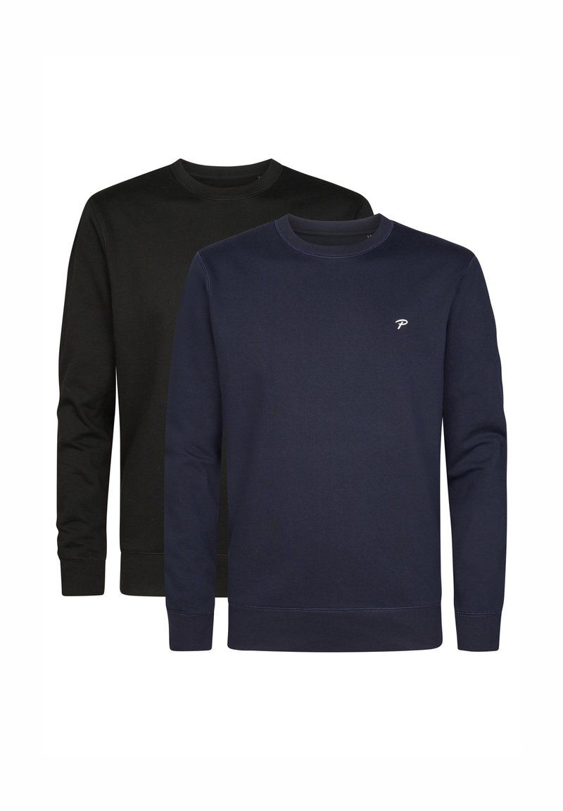 Dos sudaderas en negro y azul marino, con diseño de cuello redondo, mangas largas, material de algodón, que presentan un pequeño logo en el pecho de la sudadera azul marino.