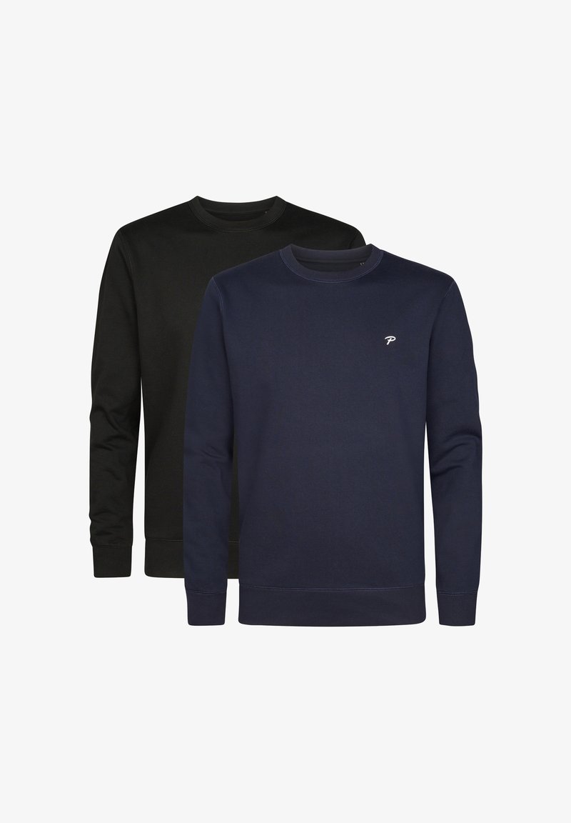 Dos sudaderas en negro y azul marino, con diseño de cuello redondo, mangas largas, material de algodón, que presentan un pequeño logo en el pecho de la sudadera azul marino.