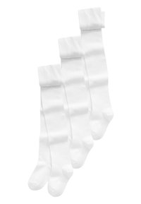 Weiße knielange Socken mit glatter Textur, gefaltetem Rand und gleichmäßiger Dicke; drei Paar werden gezeigt, einheitlich im Design.