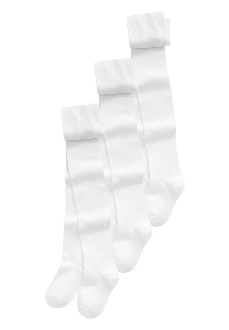 Weiße knielange Socken mit glatter Textur, gefaltetem Rand und gleichmäßiger Dicke; drei Paar werden gezeigt, einheitlich im Design.