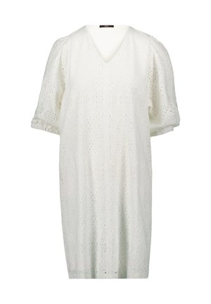 Fehér, rövid ujjú ruha, V-nyakkal, virágmintás broderie anglaise anyagból, laza fazonnal, térd fölé érő szoknyával.