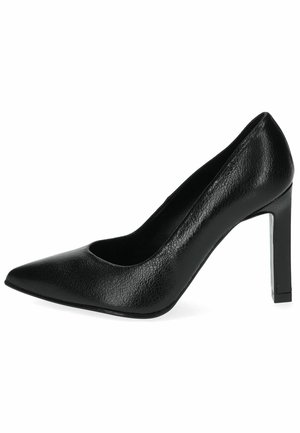 Black high-heeled pump made of textured synthetic material, featuring a pointed toe, cut-out design, and a tall block heel.