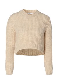 Pull court beige avec une texture côtelée, manches longues et large encolure. Fabriqué en matière douce, il présente une coupe décontractée.