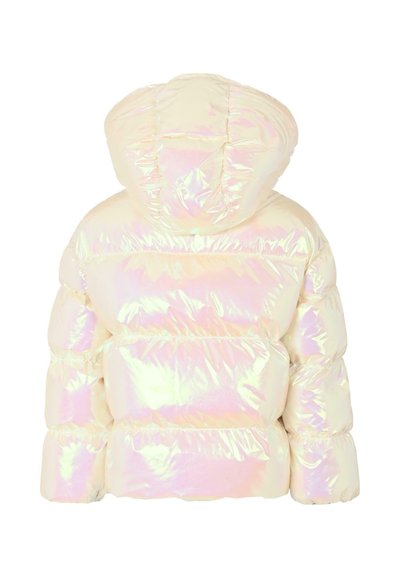 Iriserende pufferjack met een capuchon, gewatteerd ontwerp en elastische manchetten. De stof heeft een glanzend, reflecterend oppervlak met een zachte textuur.