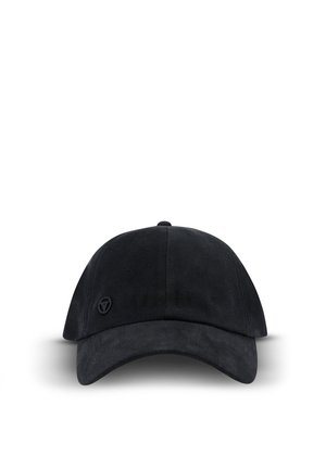 Casquette de baseball noire en tissu texturé avec un visière incurvée. Présente un logo minimaliste sur le panneau avant.