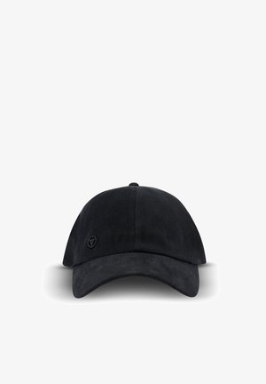 Casquette de baseball noire en tissu texturé avec un visière incurvée. Présente un logo minimaliste sur le panneau avant.