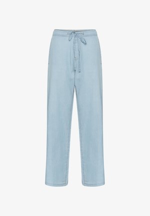 Šviesiai mėlynos džinsinės kelnės su raištelio liemeniu, tiesių kojų dizainu ir minimaliais siuvinėjimo akcentais. Audinys atrodo minkštas ir lygus.