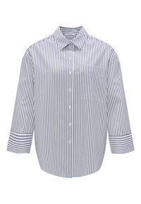 Camicia a righe con colletto, fondo bianco e strisce verticali blu scuro. Presenta una tasca sul petto e maniche larghe a tre quarti.