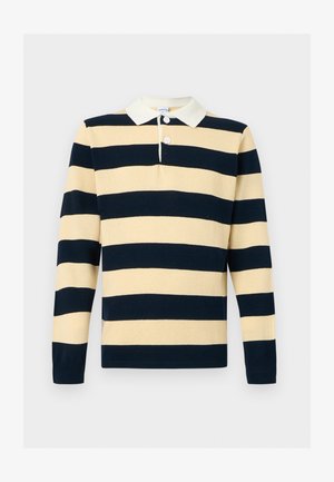 Gebreid rugbyshirt met lange mouwen, brede horizontale marineblauwe en beige strepen, witte kraag en twee witte knopen bij de halslijn.