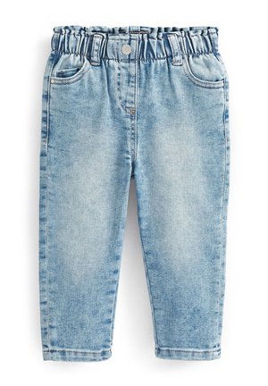 Jasnoniebieskie dziecięce dżinsy z denimu z elastycznym paskiem, przednim guzikiem, dwoma przednimi kieszeniami i wyblakłymi detalami.