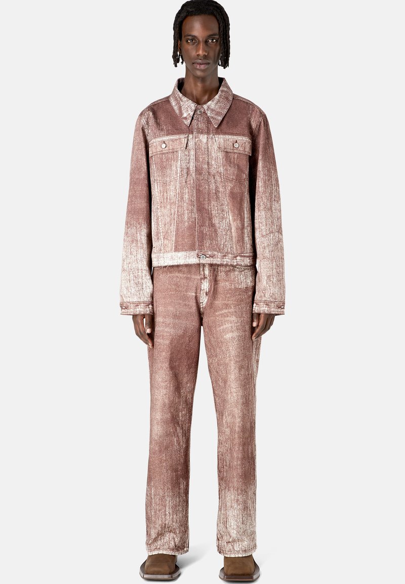 Bronze brushed denim jacket and pants with a soft, textured finish. Features a classic collar, two front pockets, and a relaxed fit.