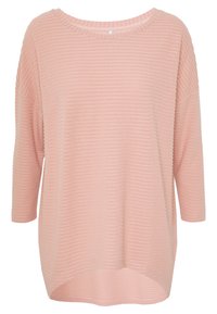 Hellt pink oversized Langarmshirt mit weitem Halsausschnitt, das über einen horizontalen Rippenstruktur und einen abgerundeten Saum verfügt. Weicher, leichter Stoff.