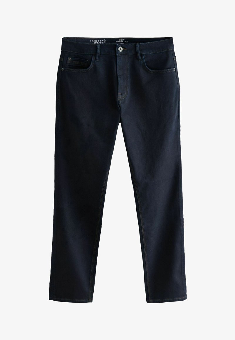 Jeans de mezclilla azul oscuro con corte recto, que incluyen un cierre de cremallera, bolsillos frontales y un detalle de costura amarilla a lo largo de las costuras.