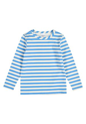 Langarmshirt mit horizontalen blauen und weißen Streifen und rundem Ausschnitt, flach auf weißem Hintergrund liegend.