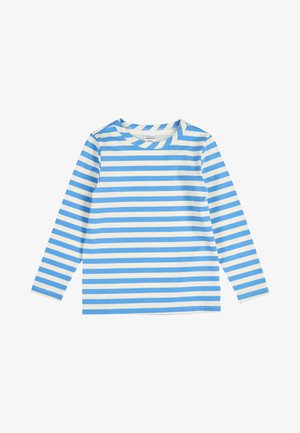 Langærmet skjorte med horisontale blå og hvide striber og rund halsudskæring, lagt fladt på en hvid baggrund.