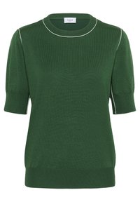Tmavě zelený pletený top s krátkým rukávem, s bílým lemováním podél švů na ramenou, okrajích manžet a výstřihu, s kulatým límcem.
