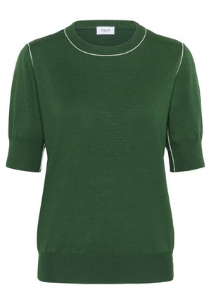 Tricou scurt din tricot verde închis, cu mâneci scurte, având cusături albe de-a lungul lateralei umerilor, marginilor de la manșete și guler, prezentând un guler rotund.