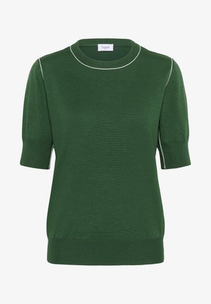 Mörkgrön kortärmad stickad topp med vit kantning längs axelsömmarna, ärmkanterna och kragen, med en rund halsringning.