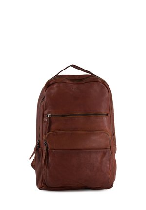 Brauner Leder-Rucksack mit mehreren Reißverschlussfächern und einem oberen Griff, vor weißem Hintergrund gezeigt.