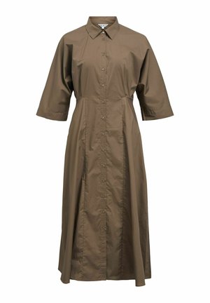 Brun, knap-ned-på, midilængde kjole med korte ærmer og spids krave, med taljeret pas og udvidet nederdel.