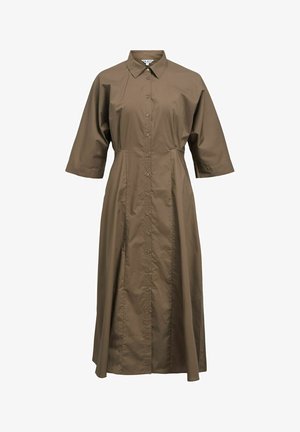 Brun, knap-ned-på, midilængde kjole med korte ærmer og spids krave, med taljeret pas og udvidet nederdel.