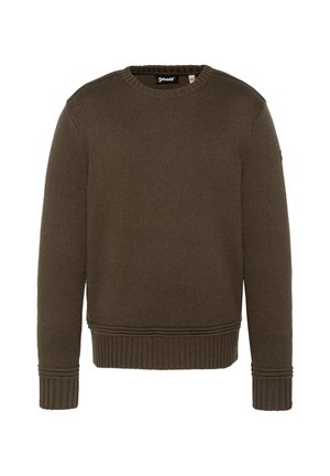 Pull marron en maille à manches longues avec poignets et bas côtelés, col rond et étiquette de la marque à l'intérieur du col.