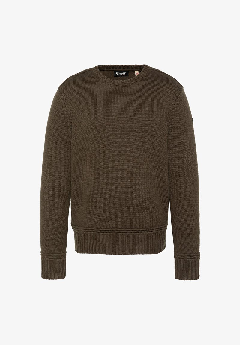 Pull marron en maille à manches longues avec poignets et bas côtelés, col rond et étiquette de la marque à l'intérieur du col.
