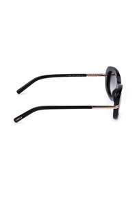 Lunettes de soleil noires avec verres ronds, branches fines dorées et logo Furla sur les embouts noirs des branches, vues de profil sur fond blanc.