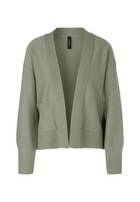 Helle grüne Strickjacke aus weichem Material, mit lockerer Passform, offenem Vorderteil und zwei Fronttaschen mit gerippten Details entlang der Kanten.
