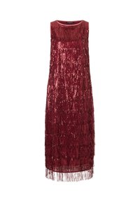 Rode mouwloze jurk met franjes, gemaakt van textuurmateriaal; heeft glanzende pailletten die een gelaagd effect creëren.