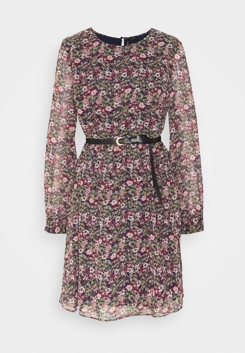 Robe à manches longues à imprimé floral, en tissu transparent, col rond, ceinture noire avec boucle dorée à la taille.
