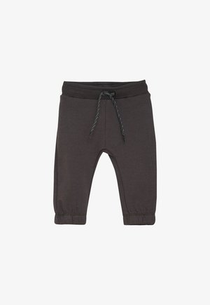 Dunkelgraue Babyhose mit elastischem Bund und Kordelzug, mit gerafften Bündchen an den Knöcheln, auf weißem Hintergrund dargestellt.