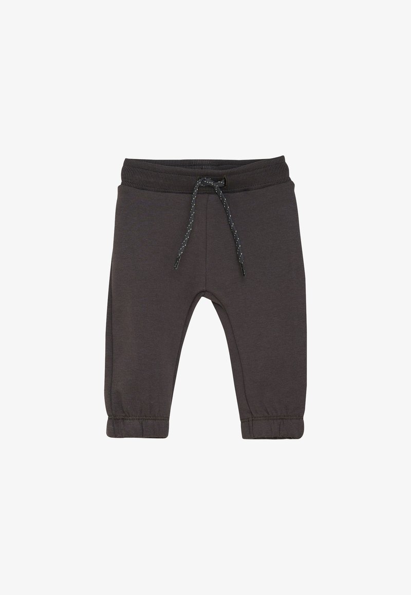 Pantalon bébé gris foncé avec ceinture élastique et cordon, poignets froncés aux chevilles, présenté sur fond blanc.