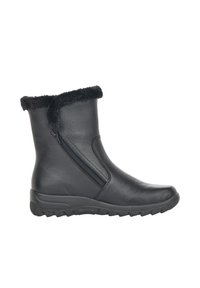 Black leather ankle boot with a zip on the side and a soft faux fur collar. Textured surface and durable rubber sole for traction.