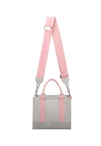 Borsa in tela grigia con dettagli rosa, dotata di manico superiore, tracolla regolabile rosa e hardware in argento. Design rettangolare semplice.