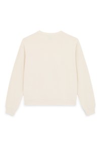 Felpa leggera beige chiaro con maniche lunghe, collo a giro e polsini a costine. Tessuto liscio con un design semplice e privo di decorazioni sul retro.