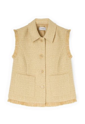 Gilet smanicato beige in tweed con bordura sfrangiata, colletto a punta, bottoni frontali e due tasche anteriori.