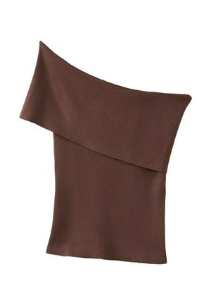 Top maro tricotat cu o umăr gol, cu guler lat pliat și croială mulată.