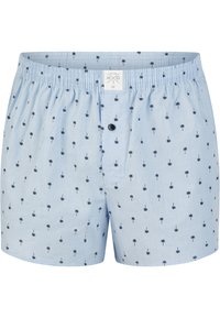 Boxer shorts in cotone azzurro chiaro con motivo di palme nere, cintura elastica e chiusura con bottone frontale.